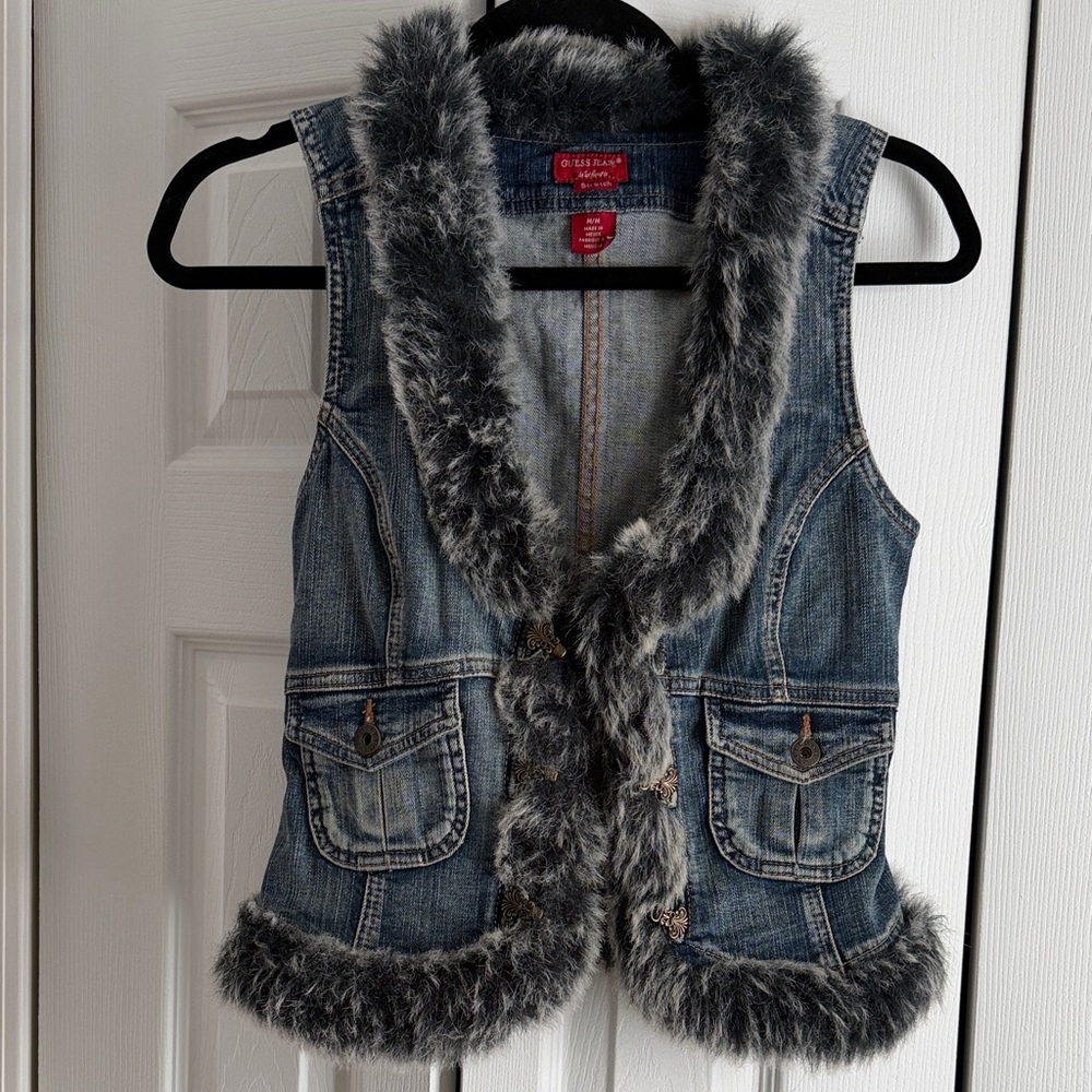 Y2K Guess Blue Denim Vest with Gray Faux Fur Trim